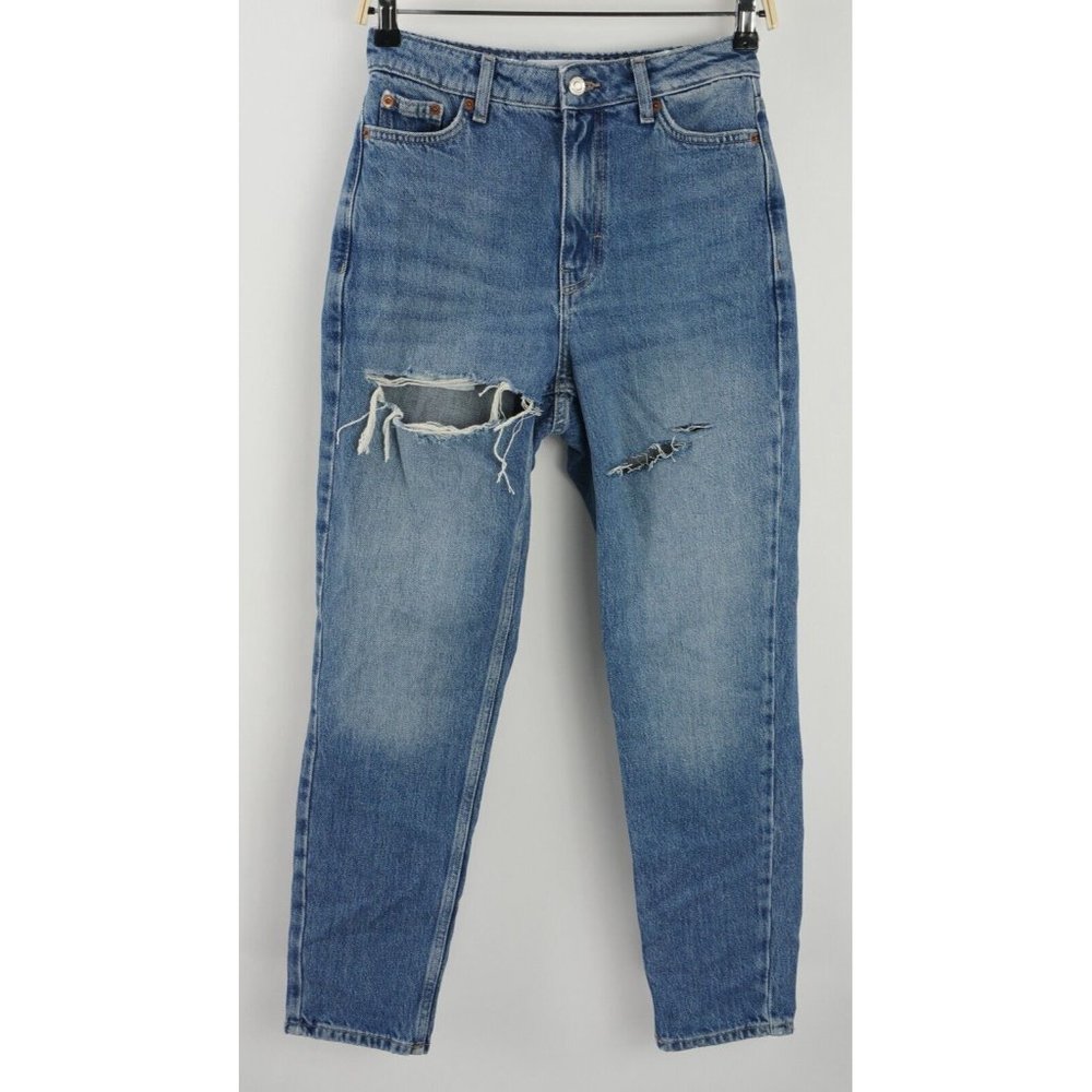 New Topshop High Rise Mom Jeans Women 26 x 30 Ripped Blue Stretch Denim Straight